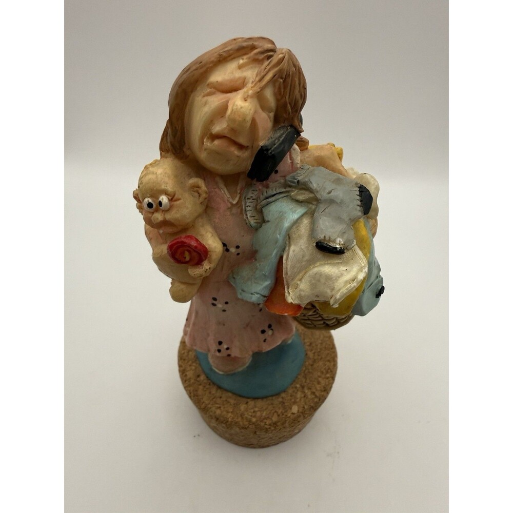 Handcrafted Folk Art Woman & Baby Figurine Sculpture Whimsical Cork Base
